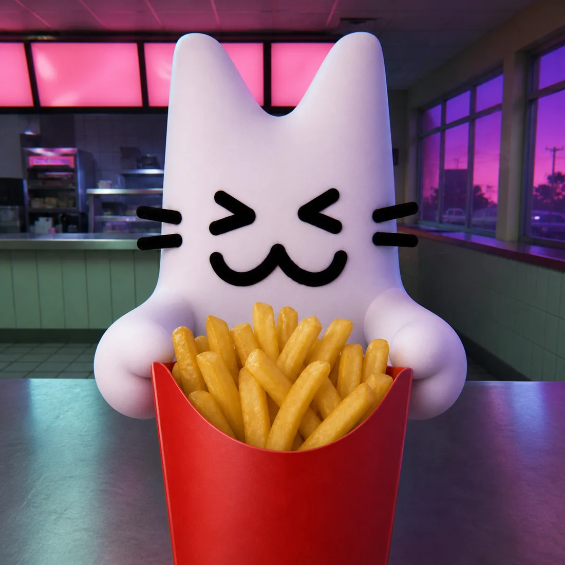 Combo pushing a carton of fries across the counter